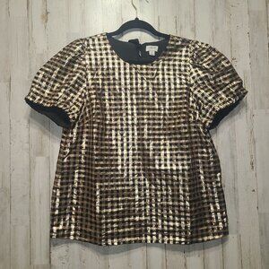 J.CREW size M Gold Black Lurex Check Blouse Top Puff short sleeve Holiday EUC
